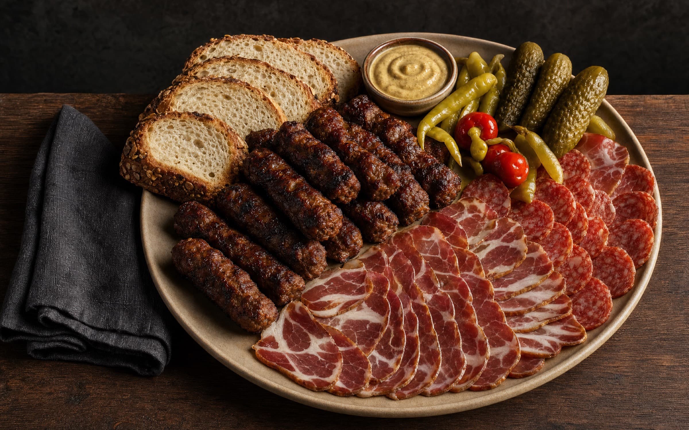 An abundant Romanian platter with mici, cured meats, and pickles