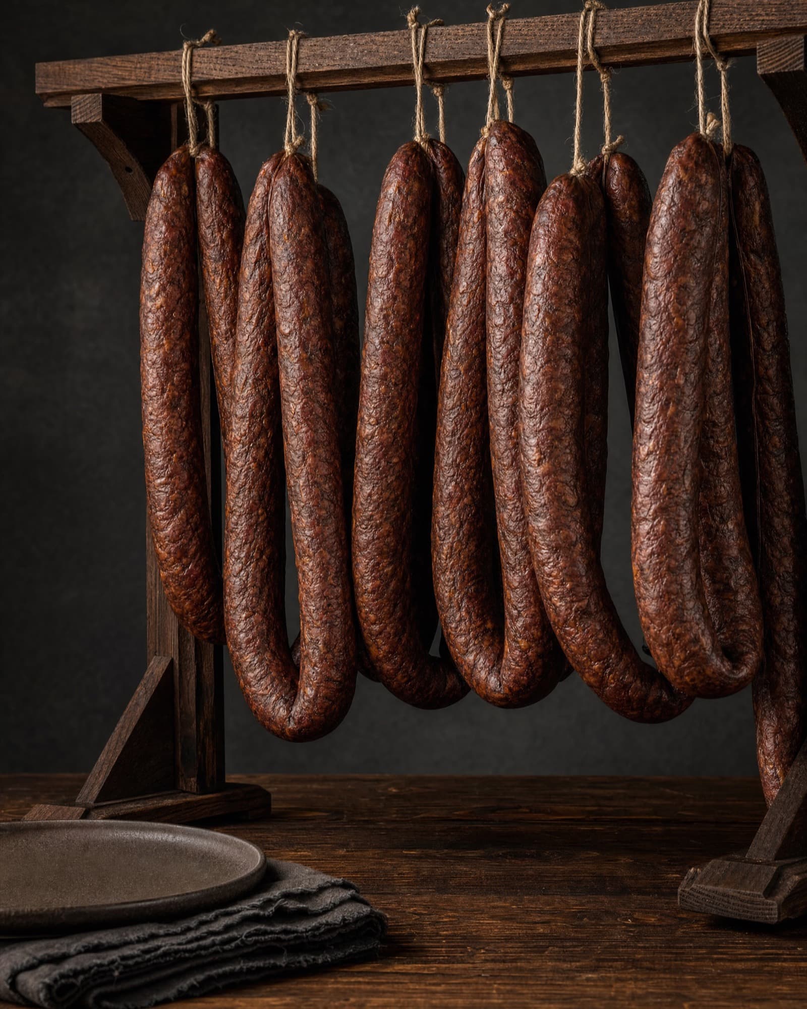 Smoked sausage links hanging from a wooden rack